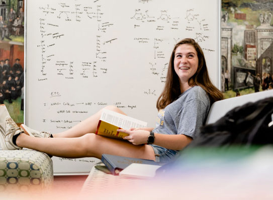 student reading on campus