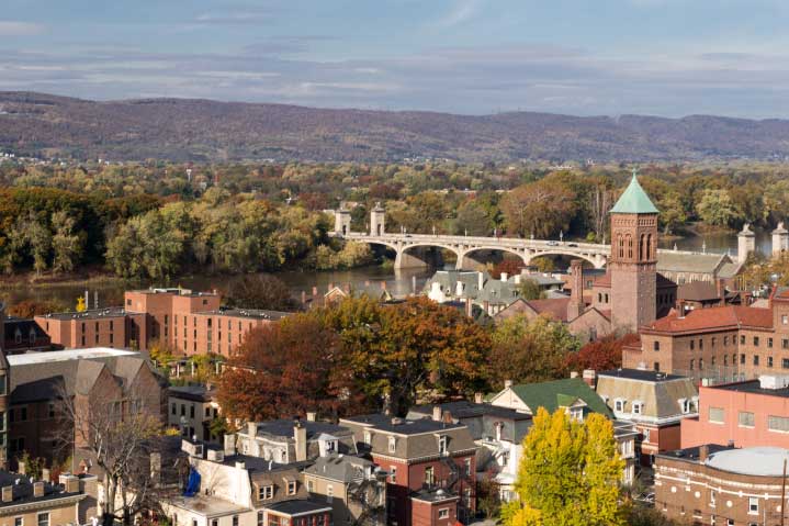 aerial view of town, river and hills