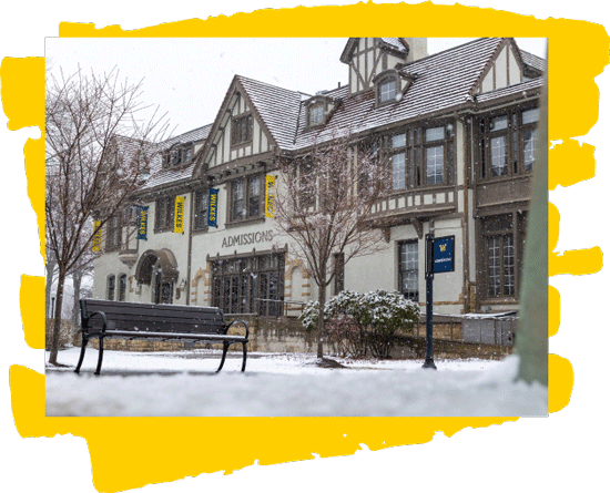 admissions building, bench and snow